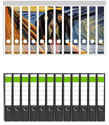 Produktbild von Wallario 12 Stück schmale Ordner inkl. Klebeetiketten mit Motive Der Schrei des Hundes -  Set mit Rückenschildern / Ordnerrücken Stickern