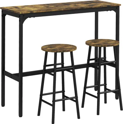 Produktbild von Bartisch Set 105x40x90cm Essgruppe Rustikal Braun Stahl Mit 2 Barhocker Industriedesign Fuer Kueche Esszimmer Esstisch Beistelltisch Essstuhl Hocker