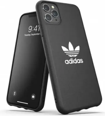 A black iPhone 11 Pro Max with an Adidas case.