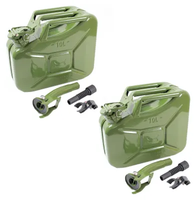 Produktbild von 2x Benzinkanister Kraftstoffkanister Metall 10 Liter Oliv inkl. Ausgießer + Halter