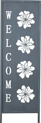 Produktbild von Gartenschild Welcome mit Blumen verziert aus Metall grau Höhe 83 cm Breite 22cm