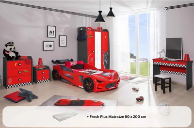 Produktbild von Kinderzimmer komplett Set Autobett Rio 5 teilig Rot , Sportsitze:ohne Sportsitze, Matratze:Creativ Fresh Plus H2, Bettwäsche:ohne Bettwäsche, Wandregal:ohne Wandregal