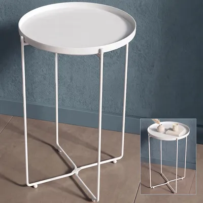 Produktbild von doporro Beistelltisch rund, Kleiner Tisch, Couchtisch rund mit 1 Ablagen und Metallgestell, 35 x 51cm, Beistelltisch Weiß Reglo-08