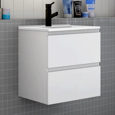 Produktbild von Badezimmermöbel 60cm CINIC-Serie Dünn Keramik Waschtisch mit Unterschrank Hängeschrank Badezimmerschränke mit 2 Schubladen Weiß Matt