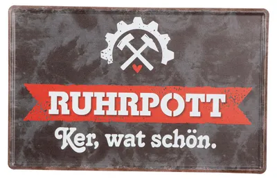 Immagine prodotto di Targa decorativa, rettangolare, con la scritta "Ruhrpott", in metallo nero. Dimensioni: 30 cm di larghezza, 19 cm di altezza. Codice: 53665. Confezione da 2 pezzi (assortiti)