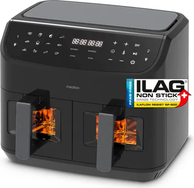 Produktbild von MEDION P20 XXL Heißluftfritteuse mit 2 Kammern (8,7 Liter, Airfryer, 2.600 Watt, Doppelkammer, 9 Automatikprogramme, 2 Schubladen, Sichtfenster, Dualer Airfryer, Dual Cook & Sync-Finish Funktion) schwarz