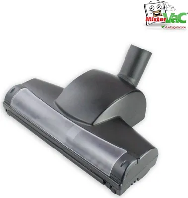 A black vacuum cleaner nozzle with a clear plastic window is shown against a white background. A logo is visible in the top right corner.