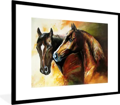 Produktbild von MuchoWow® Gerahmtes Poster Malerei - Pferde - Tiere - Ölgemälde 80x60 cm - Poster mit Schwarzem Bilderrahmen Wandposter Rahmen Foto Bilder - Schlafzimmer-Dekorationen - Fotoposter