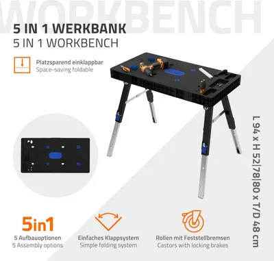 Obrázok produktu pre ECD Germany 5 v 1 Multifunkčný pracovný stôl skladací, mobilný pracovný stôl s nosnosťou 150 kg, tlačená stupnica a informácie o uhle