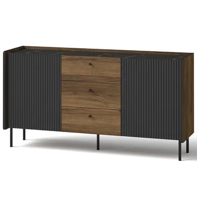 Obrázek produktu pro BEAUTYSOFA | Komoda PIANO 150 cm | se 2 dvířky, 3 zásuvkami a 2 policemi | Příborník | Obývací pokoje | Černá a ořech | Moderní styl