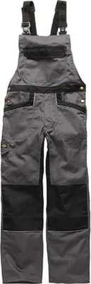 A pair of grey and black work overalls is shown against a white background.