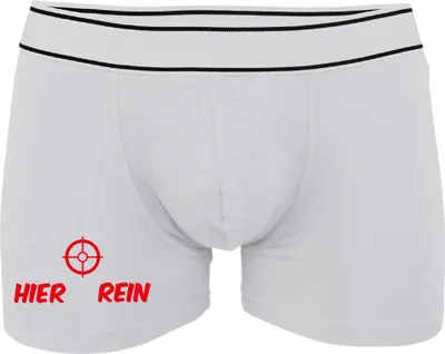 Produktbild von Boxershorts - Mann - Boxer-0006-man-white-v-S - weiß - S - vorn - Hier rein - lustiges Motiv - Spruch - Unterwäsche - Unterhose - Freizeit - lustig
