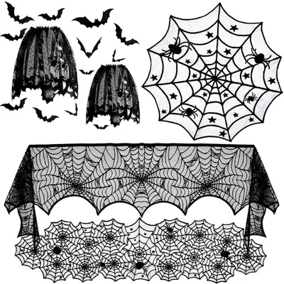 Produktbild von Halloween Deko Set 6-teilig mit Tischdecken, Kaminschal, Lampenschirm und Fledermäusen