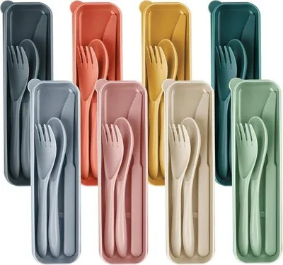 Image de Set de couverts de voyage 8 pièces, en plastique, lavable au lave-vaisselle, portable