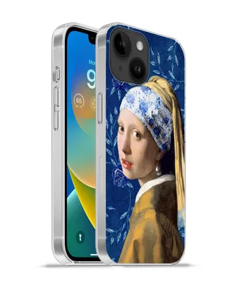 Produktbild von MuchoWow® Handyhülle Schutzhülle Hülle für Apple iPhone 14 - Softcase Mädchen mit Perlenohrring - Delfter Porzellan - Vermeer - Blumen - Gemälde - Alte Meister Silikon Softcase Handy Hülle - Mobiltelefonhülle