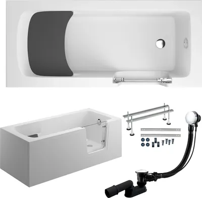 Produktbild von Badewanne Rechteck Set 6in1 150x75 Rechts mit AcrylSchürze, Seniorenbadewanne + Glastür und Holzsitz, Premium Ablaufgarnitur und Füßen | BADLAND AVO