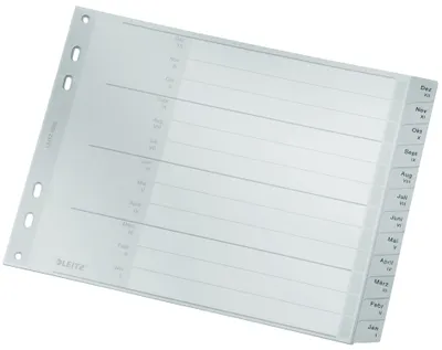 Image de Intercalaire plastique Leitz, DIN A4 extra large, 12 parties, déc.-janv./XII-I, 120 my, PP, gris, perforation universelle
