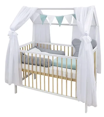 Produktbild von Baby-Delux Hausbett Kinderbett Gitterbett Weiß Natur 60x120 Beißschienen Schutzgitter Matratze Bett Set Waffelpique Musselin Grau Mint Chiffonhimmel
