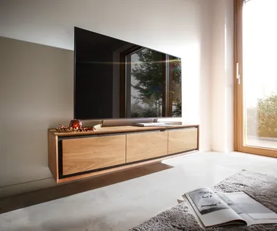 Produktbild von DELIFE Lowboard Stonegrace 145 cm Akazie Natur 3 Türen Steinfurnier schwebend