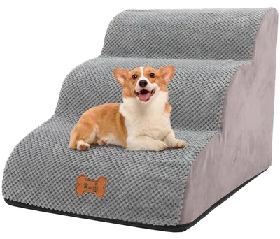 Produktbild von Hundetreppe für kleine Hunde - 3 Stufen mit Antirutsch und waschbarem Bezug