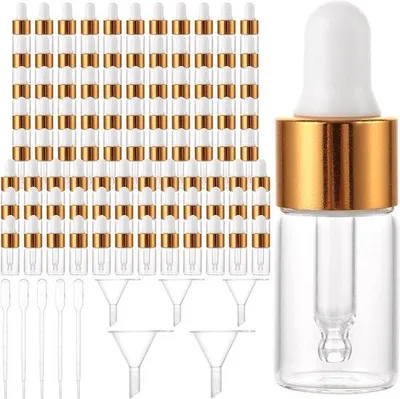 Produktbild von Famanu Pipettenflaschen 3 ml - 100 Stück mit Trichter und goldfarbenem Deckel