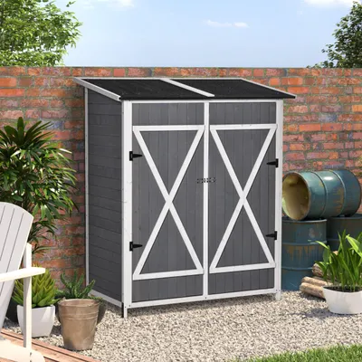 Produktbild von Gartenschrank Tannenholz mit Gartentisch, Geräteschuppen 2 Türen, abschließbar, Asphaltdach, Grau+Weiß | 139 x 75 x 160 cm | 40 kg | Bodennägel