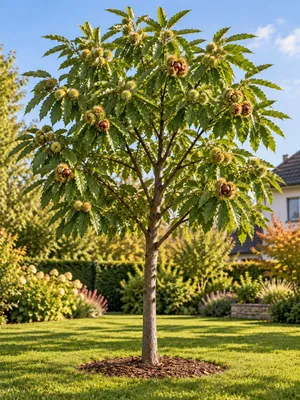 Immagine prodotto di Castagno (Castanea sativa): albero da frutto, albero ornamentale da giardino o da coltivare in vaso, disponibile in diverse varietà, tra cui il castagno comune (castagno da marroni) e l'edera castagna. Altezza: 100-120 cm, Immagine generata dall'IA