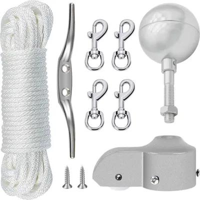 Produktbild von Fahnenmast-Zubehörset, Fahnenmast-Reparaturset, Fahnenmast-Reparaturteile inkl. Kugel, Seil, Karabiner, Klampe, Aluminium-Topp mit Umlenkrolle