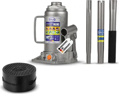 Obrázok produktu pre alca® Hydraulický zdvihák 10 t + gumová podložka M I Výška zdvihu 205-390 mm I Sada pre SUV, dodávky a obytné vozidlá, dvojpiestový, certifikát GS a protišmykový, presné nastavenie výšky