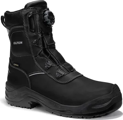 A black work boot with a BOA lacing system and GORE-TEX branding.