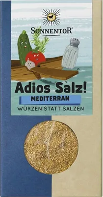 Produktbild von Sonnentor Adios Salz! Gemüsemischung mediterran , Pulverförmige Gewürze, 55 g, Basilikum, Karotte, Knoblauch, Scharfer Paprika, Zwiebel, Oregano, Petersilie, Rosmarin, Süßer..., Tomatenflocken  Basilikum  Karottenstücke  Oregano (Origanum vulgare L.)  Thymian ..., 288 kcal, 1200 kJ