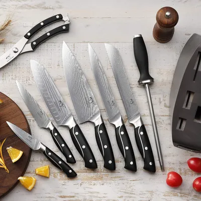 Produktbild von Damaststahl-Messerset mit Holzblock - VG10 Küchenmesser Set - professionelle Kochmesser mit ergonomischen Griffen