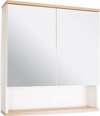 A bathroom mirror cabinet with two doors and a shelf below.