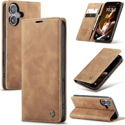 Image de Étui pour iPhone 17, étui rétro en cuirPolyuréthaneavec fonction de support Marron