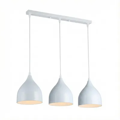 A white three-light pendant lamp hanging from a white ceiling mount.