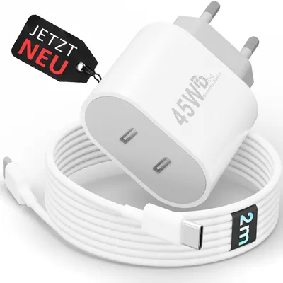 Produktbild von 45W USB-C Schnellladegerät Charger mit GaN-Technologie für Handy, iPhone, Samsung S21-S25, Tablet, iPad Dual Port PD - Ladegerät + 2m Kabel