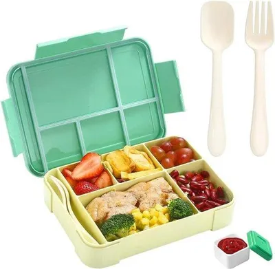 Produktbild von Kinderlunchbox mit Trennwänden und Besteckset, 1330 ml, luftdicht (grün)