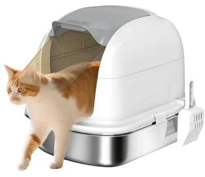 Produktbild von Katzenklo Edelstahl mit Deckel, Katzentoilette mit Wanne, Streuschaufel, für Katze unter 5 kg, 52,4 x 41,3 x 42 cm, Weiß