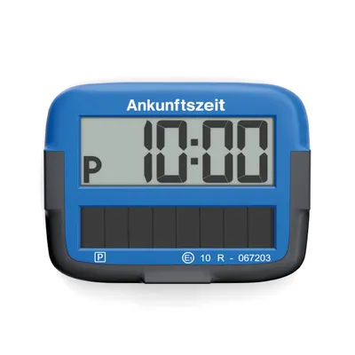 A blue electronic parking disc with a digital display showing '10:00'.