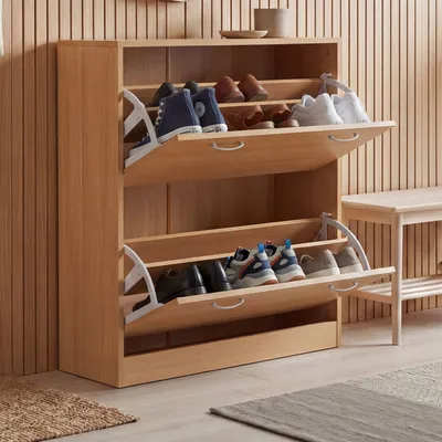 Produktbild von FineBuy Schuhkipper Buche 75 x 87 x 24 cm Farbe mit 2 Klappen 20 Paar Schuhe Moderner Schuhschrank aus MDF Schuhregal schmal Kommode für Flur