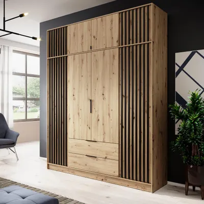 Produktbild von Schlafzimmer Kleiderschrank mit Aufsatzschrank, 206 cm breit, in Eiche mit Schwarz, Akustikpaneel-Optik - NAMUR-160