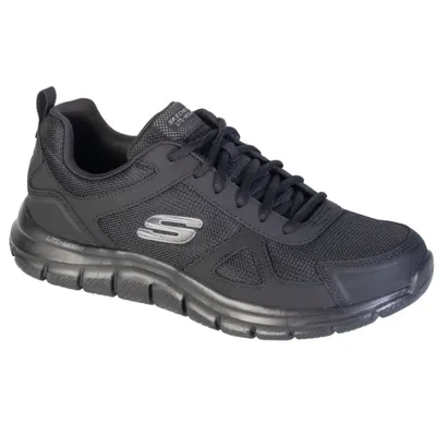 A single black Skechers sneaker shown from a side-diagonal angle against a white background.