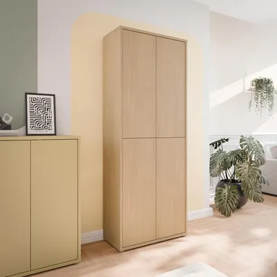 Produktbild von Schuhschrank Alice Springs 70 80, modern-minimalistisch, 4-türig, Flurschrank aus Holzwerkstoff mit Elegancia-Eiche-Holzdekor, 74,5 cm breit x 191,9 cm hoch x 34,9 cm tief