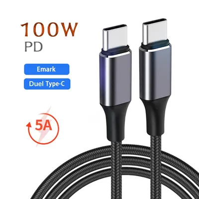 Produktbild von 1m USB-C auf USB-C Schnellladekabel 100W Watt (5A) mit E-Marker Nylon geflochten Datentransfer für Samsung iPhone iPad Xiaomi Lenovo Huawei - Schwarz
