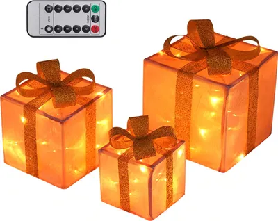 Produktbild von 3er-Set beleuchtete Weihnachtsgeschenkboxen mit Schleife, LED-beleuchtete Geschenkboxen für drinnen und draußen, für Haus, Veranda, Weihnachtsbaum und Partydekoration