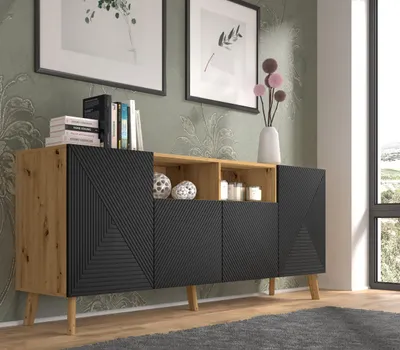 Zdjęcie produktu dla Komoda LUXI 4D 195 cm Dąb Artisan / Czarny Mat Kredens Szafka wysoka z frezowanymi frontami MDF z otwartymi półkami Bufet