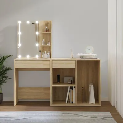 Immagine prodotto di Comò con cassetto e illuminazione a LED in legno effetto noce Sonoma, dimensioni 60x40x140 cm, mobile da trucco