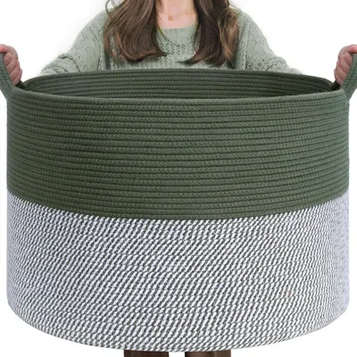 Productafbeelding van Opbergmand voor kinderkamer, wasmand, groot, gevlochten, 55x35 cm, olijfgroen