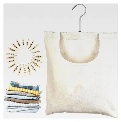 Produktbild von Wäscheklammertasche | Canvas Wäscheklammerbeutel mit Haken, 360-Grad drehbarer Beutel mit weitem Einfüllstutzen und 20 Klammern für Handtücher, Decken, Pullover und Mäntel
