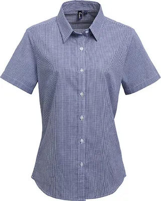 Zdjęcie produktu dla Premier Workwear , Damska koszula bawełniana z krótkim rękawem Microcheck (Gingham) , granatowy, biały, L